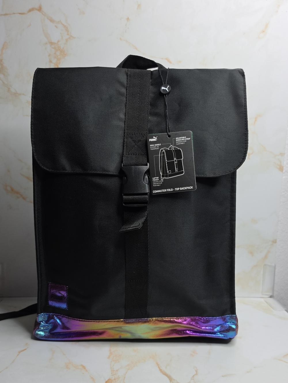 Puma Slim Backpack commuter fold top laptop ,rainbow oil swirl New
